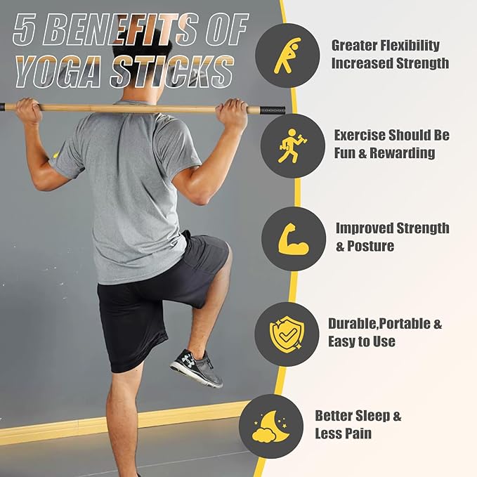 Bamboo Stretch Yoga Stick, 5ft/149 cm, Flexibility Stick for Physical Therapy, Premium Yoga Dowel with Super Sturdy Rubber Handle Ends, Exercise Bar for Posture Corrector