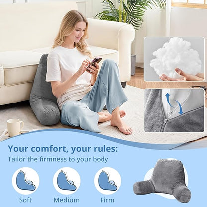 Sasttie Reading Pillows for Sitting in Bed Adult, Velvet Back Pillow Bed Sitting Up, Back-Rest Support Cushion for Sit Up on Couch, Sofa, and Floor, Dorm Essentials, Oeko-Tex Certified, Dark Grey