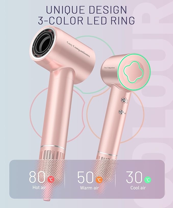 Hair Dryer - 150000 RPM High-Speed Brushless Motor Negative Ionic Blow Dryer for Fast Drying, Low Noise Thermo-Control Hair Dryer with Diffuser and Nozzle, Pink