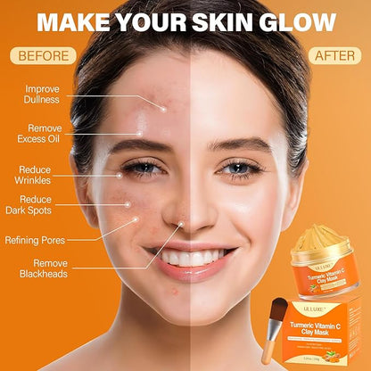 Turmeric Vitamin C Clay Mask for Dark Spots, Dull Skin, Moisturizing, Skincare Facial Mask for Blackheads and Pores Cleansing, Improve Uneven Skin Tone, Face Skincare Gift, 5.29 oz