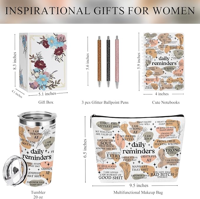 Daily Affirmations for Women Reminder Encouragement Mental Health Inspirational Thank You Gifts for Women Coworker Birthday Friendship Christmas, 6PCS 20oz Tumbler Makeup Bag Ballpoint Pen Notebook