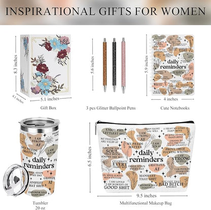 Daily Affirmations for Women Reminder Encouragement Mental Health Inspirational Thank You Gifts for Women Coworker Birthday Friendship Christmas, 6PCS 20oz Tumbler Makeup Bag Ballpoint Pen Notebook