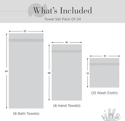 100% Cotton Bath Towel Set of 24-6 Bath Towels, 6 Hand Towels, 12 Wash Cloths, Sustainable, Soft, Highly Absorbent, Combed Cotton 24 Piece Set for Hotels, Spa, Bathroom, Dorm, White