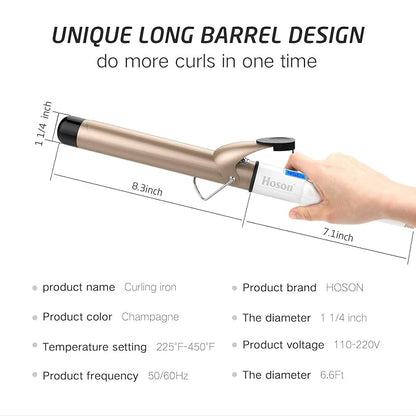 Hoson 1 1/4 Inch Curling Iron Dual Voltage, Ceramic Long Barrel 1.25 Inch Hair Curling Iron for Long Hair, LCD Display with 9 Heat Setting(225°F-450°F for All Hair Types, Glove Include)