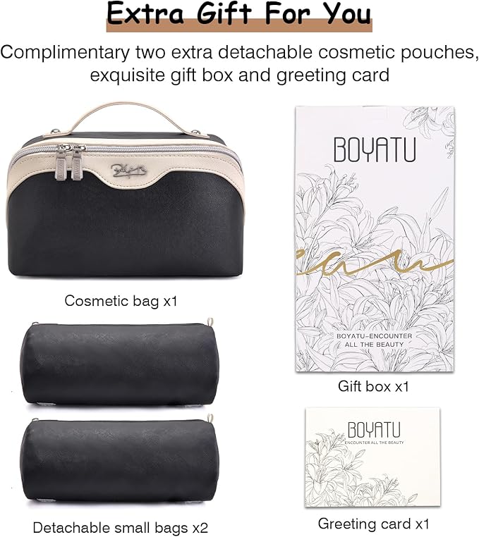BOYATU Travel Makeup Bag Organizer Cosmetic Bag: 3 Pcs Set Make up Bags for Women with Handle - Waterproof Vegan Leather Toiletry Bags Travel Essentials Pouch with Compartments (G-02-Black)