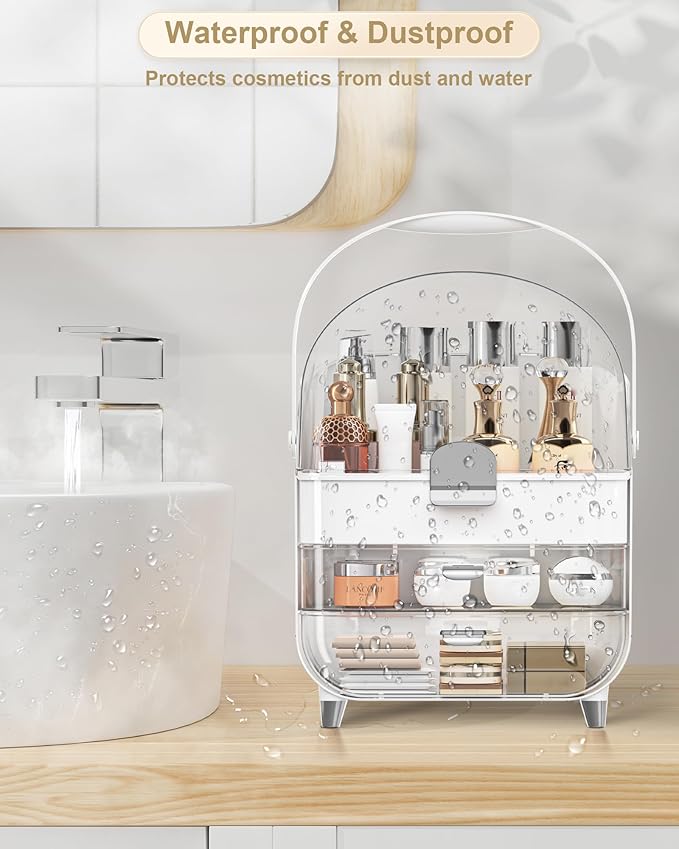 Makeup Organizer with Lipstick Holder, Skincare Organizers Storage Box Cosmetic Display Cases, Teen Girl Gifts Make up Organizers for Vanity, Dresser, Countertop, Bathroom(Silver)