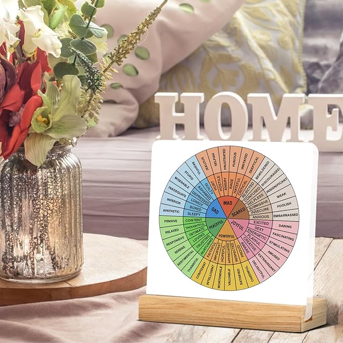 Mental Health Desk Decor, Emotions Desk Signs Wheel of Feelings Acrylic Plaque Sign Therapy Office Home Classroom Decoration 4 x 4 Inches
