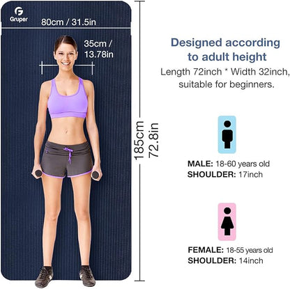 Yoga Mat Non Slip NBR Thick Yoga Mat, 72"L x 32"/24"W x 0.6"/0.4"TH (185cm x 80cm/61cm x 15mm/10mm), Anti-Tear Exercise Mat with Carrying Strap and Bag, Workout Mats for Yoga, Pilates, Floor Exercises