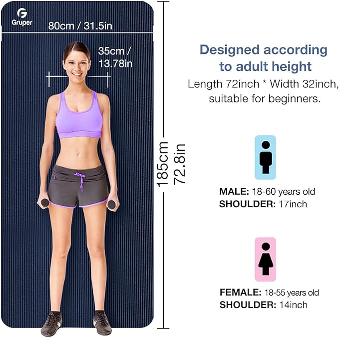 Yoga Mat Non Slip NBR Thick Yoga Mat, 72"L x 32"/24"W x 0.6"/0.4"TH (185cm x 80cm/61cm x 15mm/10mm), Anti-Tear Exercise Mat with Carrying Strap and Bag, Workout Mats for Yoga, Pilates, Floor Exercises