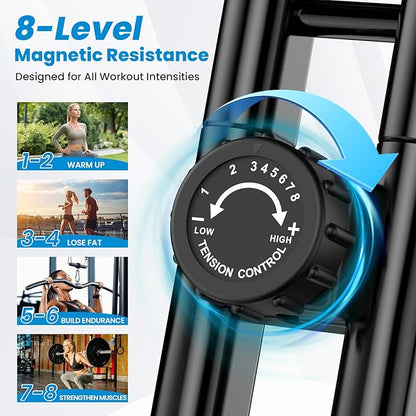 Foldable Exercise Bike, Multifunctional Indoor Stationary Bikes for Home with 8-Level Magnetic Resistance, Quiet Workout Bike with Arm Resistance Bands, LCD Monitor, 300LBS Capacity