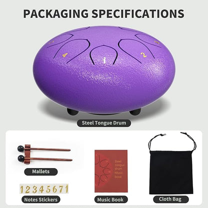 Rain Drum for Outside Garden, 6 Inches 8 Notes Steel Tongue Drums, Waterproof Meditation Echo Rain Chime, Musical Instruments for Adult Gift with Bag, Music Book, Mallets (Purple)
