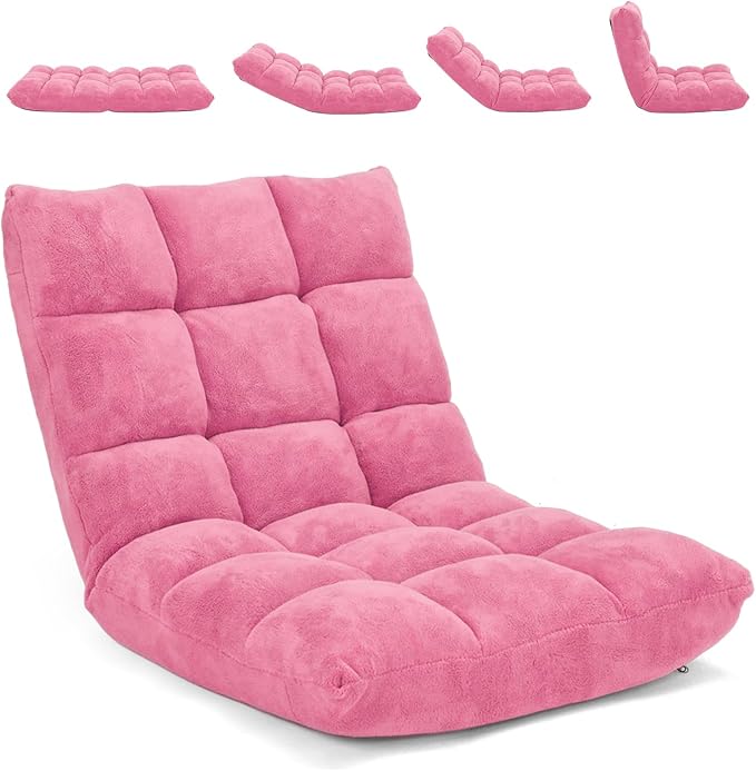 Moccha 14-Position Floor Chair, Folding Sofa Chair with Back Support, Memory Foam Floor Gaming Chairs for Adults, Adjustable Padded Couch Recliner Sleeper Bed for Reading, Meditating, Pink