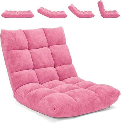 Moccha 14-Position Floor Chair, Folding Sofa Chair with Back Support, Memory Foam Floor Gaming Chairs for Adults, Adjustable Padded Couch Recliner Sleeper Bed for Reading, Meditating, Pink