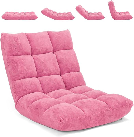 Moccha 14-Position Floor Chair, Folding Sofa Chair with Back Support, Memory Foam Floor Gaming Chairs for Adults, Adjustable Padded Couch Recliner Sleeper Bed for Reading, Meditating, Pink