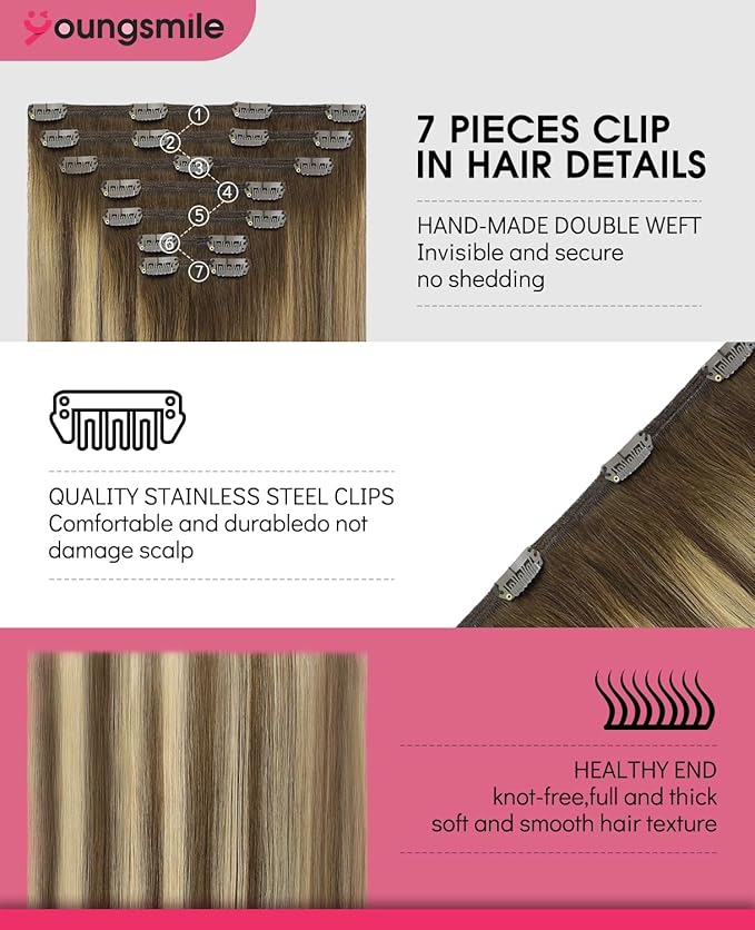 Youngsmile Real Human Hair Clip in Extensions, Clip in Extensions Human Hair 20 Inch Balayage Chocolate Brown with Caramel Brown 7 Pcs 160 Gram, Easy to Install Natural Human Hair (7C#4/27/4-20Inch)