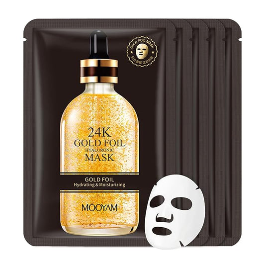 24K Gold Facial Mask for Women,Hydrating Face Mask Sheet Home SPA,Moisturizing Face Sheet Mask for Dry,Oily,Sensitive Skin 25ml（5Pack）