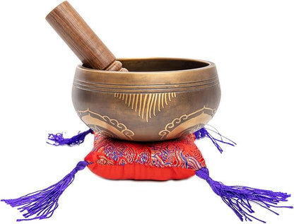 Tibetan Singing Bowl Set - Easy To Play Authentic Handcrafted For Meditation Sound Chakra Yoga Healing 4 Inches By Himalayan Bazaar (Brown and Maroon)