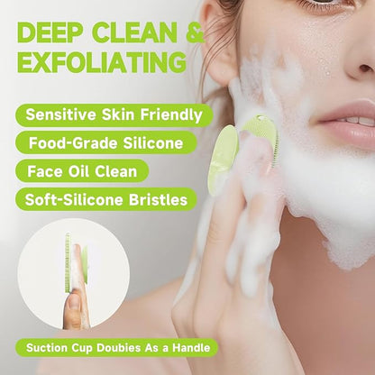 2 PCS Face Scrubber, Soft Silicone Face Exfoliator with Suction Cup for Man and Women Deep Skin Clean, Gentle Facial Cleaning Brush Suitable for All Sensitive Skin (Green)