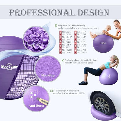 Soft Exercise ball, Anti-Burst Yoga Ball Chair Supports 2200lbs, Workout Equipment w/ Pump for Women Pregnancy, Medicine, Birthing, Physical Therapy, Stability, Excersing, Birth, Swiss, Fitness, Gym