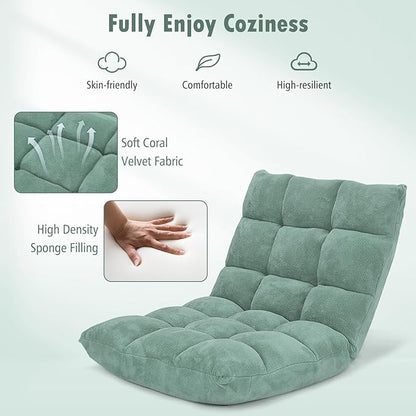 Moccha 14-Position Floor Sofa, Folding Sofa Chair with Back Support, Memory Foam Floor Gaming Chairs for Adults, Adjustable Padded Couch Recliner, Chaise Lounge for Reading, Meditating (Green)