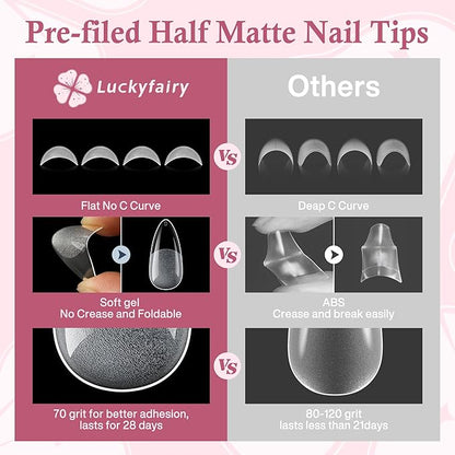 Medium Almond Nail Tips, 504pcs Soft Gel Pre-Filed Acrylic Almond Fake Nails, Half Matte Full Cover Clear Press on Flase Nail Tips for Nail Extension Home DIY 12 Sizes