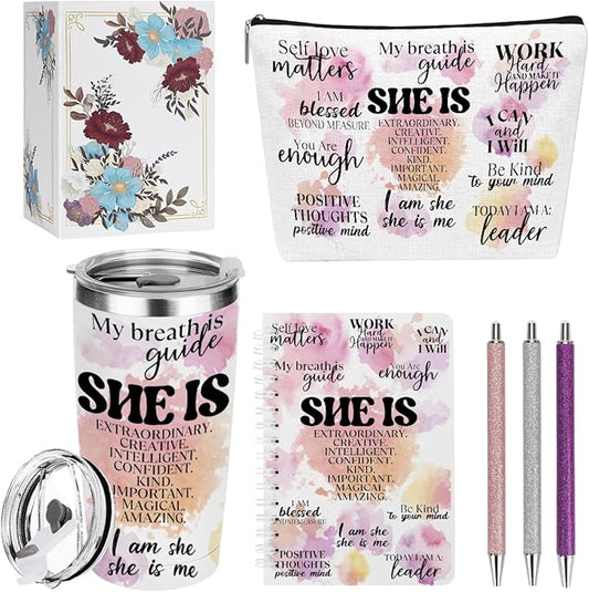 Positive Affirmations Self Love Mental Health Gifts Inspirational Gifts for Women Friend Sister Aunt Birthday Friendship Christmas Appreciation, 20oz Tumbler Makeup Bag Ballpoint Pen Notebook, 6PCS