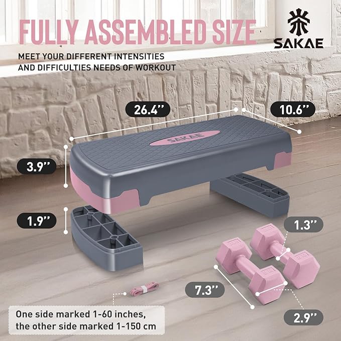 Adjustable Height Aerobic Stepper Set, Multiple Bundle Options with Dumbbells, Kettlebell, Waist Trimmer, Ankle Weights or Weighted Vest, Workout Exercise Step Platform w/Level Risers, 4 Colors