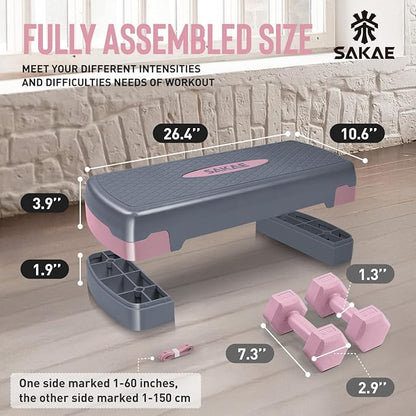 Adjustable Height Aerobic Stepper Set, Multiple Bundle Options with Dumbbells, Kettlebell, Waist Trimmer, Ankle Weights or Weighted Vest, Workout Exercise Step Platform w/Level Risers, 4 Colors