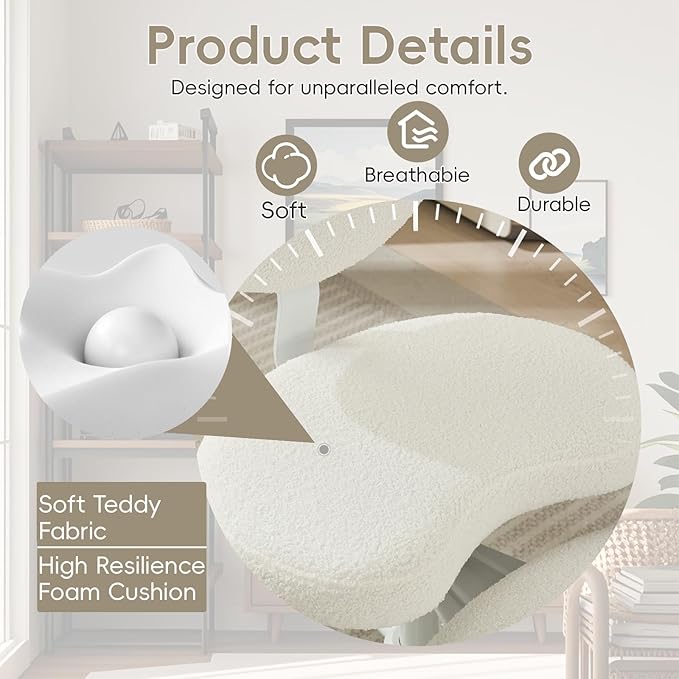 Meditation Chair with Wheels, Ergonomic Criss Cross Chair, Adjustable ADHD Floor Sitting Chair, Swivel Cross Legged Office Chair with High Back, Kneeling Posture Chair, Teddy Fabric,Ivory