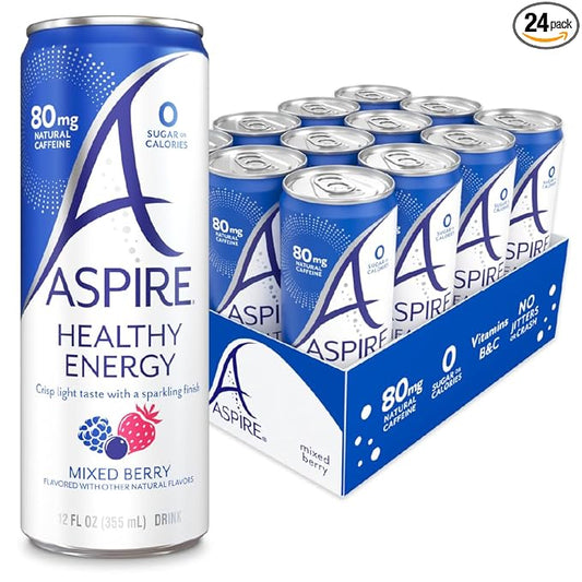 ASPIRE® Mixed Berry, Healthy Energy Drink 80mg Natural Caffeine, Zero Sugar No Carbs Keto Friendly, 24 Pack Green Tea Sugar Free Drink Low Caffeine Zero Calorie