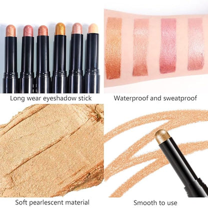 6Pcs Cream Eye Shadow Sticks Makeup for Women, Nude Beige Smoky Pale Rose Gold Rose Gold Champagne Gold Copper Shimmer Matte Eye Shadow Brightener Stick for Eyes, Waterproof Eyeshadow Pencil Set01