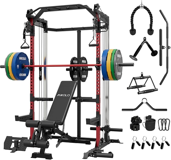 Mikolo Power Cage, 2000LB Power Rack with Independent Dual Pulley System, Multi-Function Home Gym Workout Machine for Cable Crossover