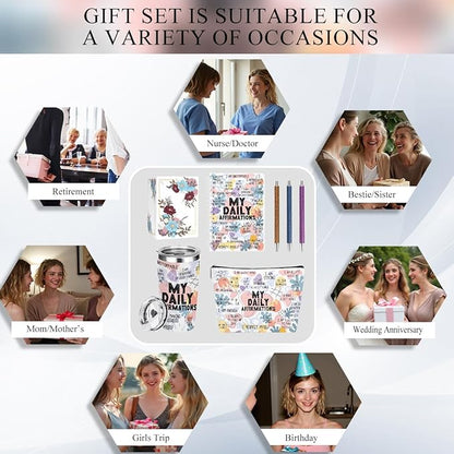 Positive Daily Affirmations for Women Mental Health Inspirational Gifts for Sister Friend Boss Coworker Birthday Friendship Christmas, Office 6PCS 20oz Tumbler Makeup Bag Ballpoint Pen Notebook