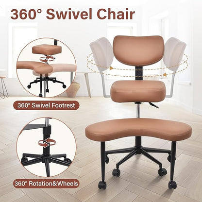 Meditation Chair, Cross Legged ADHD Office Chair for Adults with Wheels Ergonomic Back Support and Leg Rest for Multi Position Criss Cross Sitting Kneeling and Yoga Height Adjustable, Leather Style