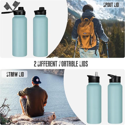 40 oz Insulated Water Bottle with Straw, Stainless Steel Sports Water Bottles with 2 Lids (Straw and Wide Mouth lid), Double Wall Vacuum, Leakproof, BPA-Free, Turquoise Blue