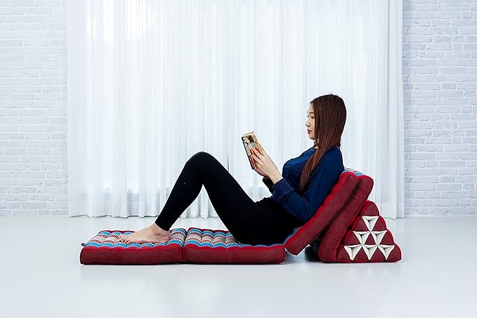 Leewadee Comfortable Japanese Floor Mattress - Thai Floor Bed with Triangle Cushion - Futon Mattress - XL Extra Long Thai Massage Mat, 89 x 20 inches, Blue Red, Kapok Filling
