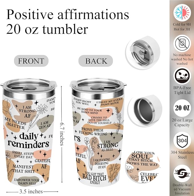 Daily Affirmations for Women Reminder Encouragement Mental Health Inspirational Thank You Gifts for Women Coworker Birthday Friendship Christmas, 6PCS 20oz Tumbler Makeup Bag Ballpoint Pen Notebook