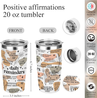 Daily Affirmations for Women Reminder Encouragement Mental Health Inspirational Thank You Gifts for Women Coworker Birthday Friendship Christmas, 6PCS 20oz Tumbler Makeup Bag Ballpoint Pen Notebook