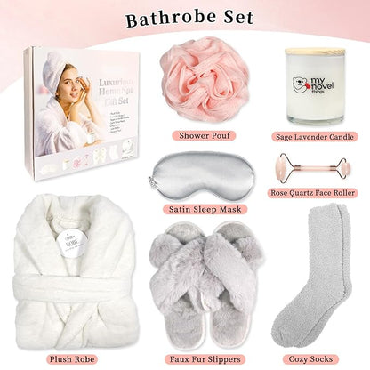 Birthday Gifts for Women,Spa Robe and Slippers Set, Bathrobe With Silky Satin Sleep Mask, Scented Candle Self Care 7 Pack Suitable for Christmas Thanksgiven Day Grey