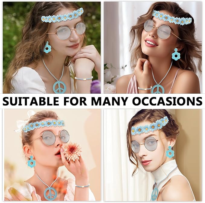 Hippie Costume Accessories Set Peace Sign Necklace Sunglasses Flower Headband Earrings for 60s 70s Outfit Party Women