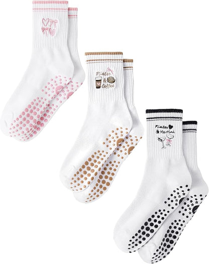 Yawlsow Pilates Grip Socks for Women Yoga Grippy Socks Cute Barre Non Skid Athletic Crew Sticky Sock Workout Hospital