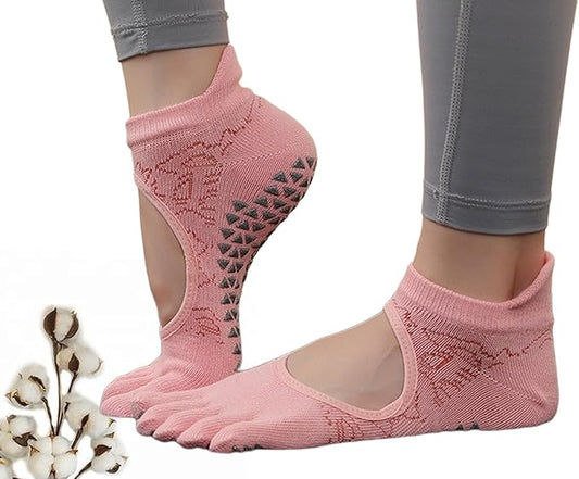 CHUNFO Grip Socks Womens Pilates Yoga Barre Non Slip Stripes Cotton Ankle Anti-Skid Sock Size 5-10