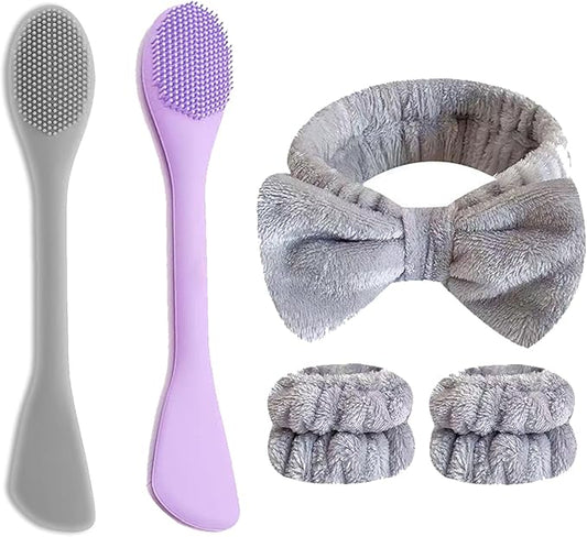 Facial Cleansing Brush, 2 in 1 Silicone Face Mask Brush & Face Scrubber, Face Wash Headband and Wristband Set，5 Pieces (Grey&Purple+Grey)