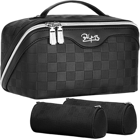 BOYATU Travel Makeup Bag Organizer Cosmetic Bag: 3 Pcs Set Make up Bags for Women with Handle - Waterproof Vegan Leather Toiletry Bags Travel Essentials Pouch with Compartments (01-Black)