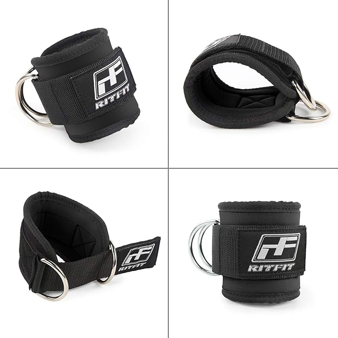 RitFit Padded Ankle Strap for Cable Machine, Strong Hook and Loop.Reinforced Double D-Ring, Adjustable Comfort fit Neoprene - Premium Ankle Cuffs to Enhance Workouts (Double D-Ring)