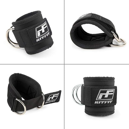 RitFit Padded Ankle Strap for Cable Machine, Strong Hook and Loop.Reinforced Double D-Ring, Adjustable Comfort fit Neoprene - Premium Ankle Cuffs to Enhance Workouts (Double D-Ring)