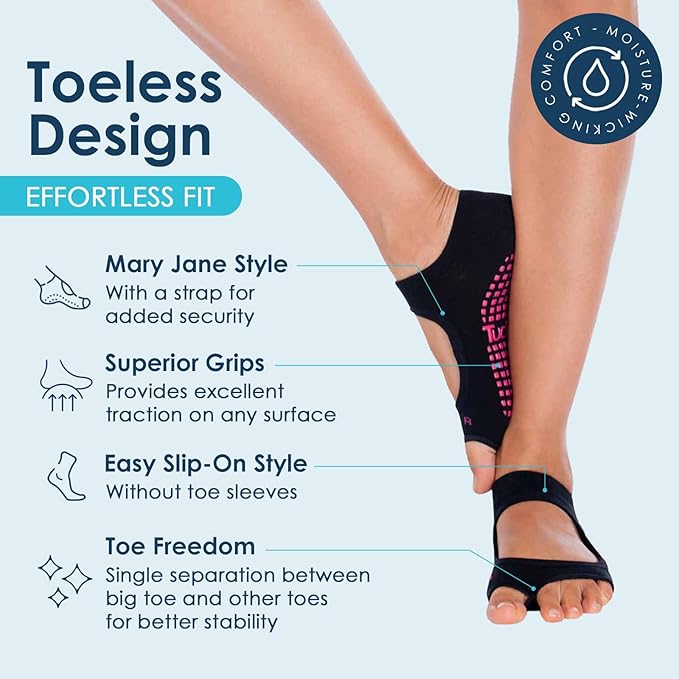 Tucketts Toeless Pilates Socks with Grips for Women, Non-Slip Yoga & Barre Socks for Stability & Barefoot Workouts, Size 6-13