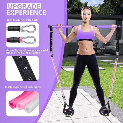 Pilates Bar Kit with Resistance Bands,Ab Roller,2 in 1 Foot Strap & Handle,Door Anchor Pilates Equipment with Resistance Bands, Portable Home Gym Yoga Fitness Bar for Women & Men