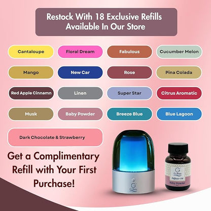 G's Breeze Smart Aroma Diffuser with 60ml Baby Powder Scent Refill – Bluetooth & Wi-Fi App Control - LED Lighting & Adjustable Intensity - Long-Lasting Soft Powdery Fragrance for Home or Office