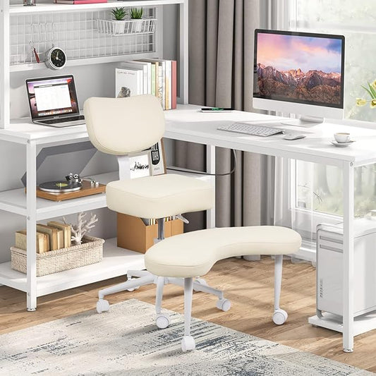 Meditation Chair, Cross Legged ADHD Office Chair for Adults with Wheels Ergonomic Back Support and Leg Rest for Multi Position Criss Cross Sitting Kneeling and Yoga Height Adjustable, Leather Style